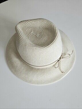 NWOT Lucky Brand Woven Panama Sun Hat With Leather Bow Tie Detail
